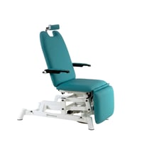 Fauteuil d'ophtalmologie électrique : trois corps, avec réglage en hauteur, accoudoirs, appui-tête ergonomique et Trendelenburg compensé