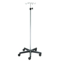 Support de sérum Kinefis en acier chromé avec base en PVC et quatre cintres en acier chromé