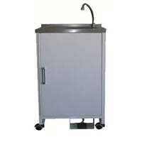 Evier inox autonome : deux cruches de 10 litres, pompe aspirante actionnée par pédale électrique