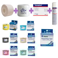 Pack de bandages Irisana : Pack de 12 rouleaux de bande de kinésiologie neuromusculaire Irisana + 32 bandes anti-crise + 6 bandes pré-adhésives Kinéfis + Tensospray + 12 Tensoplast
