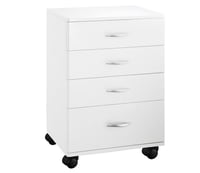 Chariot en bois blanc pratique: équipé de quatre tiroirs et de quatre roues pour une plus grande mobilité