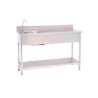 Table de travail en acier inoxydable : deux surfaces lisses, des pieds de nivellement et un seau. Sans robinet (150 x 60 x 85 cm)
