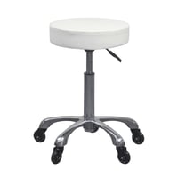 Tabouret Silent Fast sans dossier et réglable en hauteur par piston à gaz : assise plate et circulaire, base chromée avec cinq roulettes silencieuses (beige et blanc)
