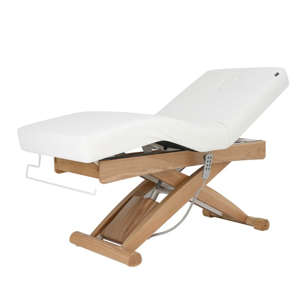 Table de massage électrique Cyx+ : trois moteurs, matelas SuperSoft, revêtement en PU blanc et finition bois naturel