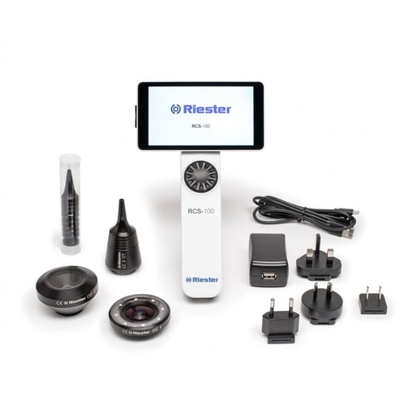 Caméra de diagnostic numérique : RCS-100 Riester avec objectifs interchangeables, utilisable comme otoscope, dermatoscope, objectif général et adaptateur d’endoscopie