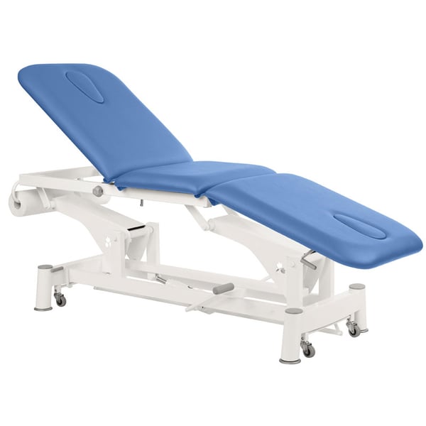 Civière hydraulique écoposturale : trois corps, avec structure à bielles blanches et pieds en acier (62 x 198 cm)