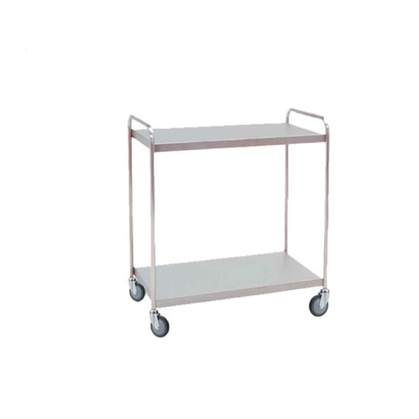 Chariot de distribution de matériel hospitalier : en acier inoxydable avec deux étagères et roues pivotantes (95 x 55 x 95 cm)