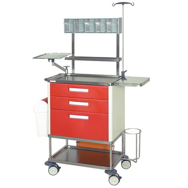 Plus chariot d'arrêt : En acier inoxydable avec trois tiroirs avec table auxiliaire rabattable