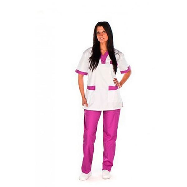 DERNIÈRES TAILLES - Manteau sanitaire unisexe Kinefis en blanc et violet. Tergal 200 grammes (taille L: 48)