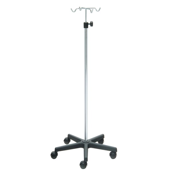 Support IV Kinefis en acier inoxydable avec base en PVC et quatre crochets en acier inoxydable