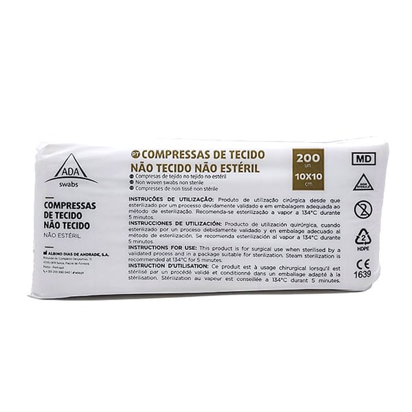 Gaze non tissée non stérile : Ouverte 20 x 20 cm, Pliée 10 x 10 cm (200 unités)