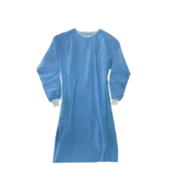Blouse jetable bleue stérile 68 grammes: EPI classe I, poignets réglables en tissu blanc et col rond ajustable avec velcro