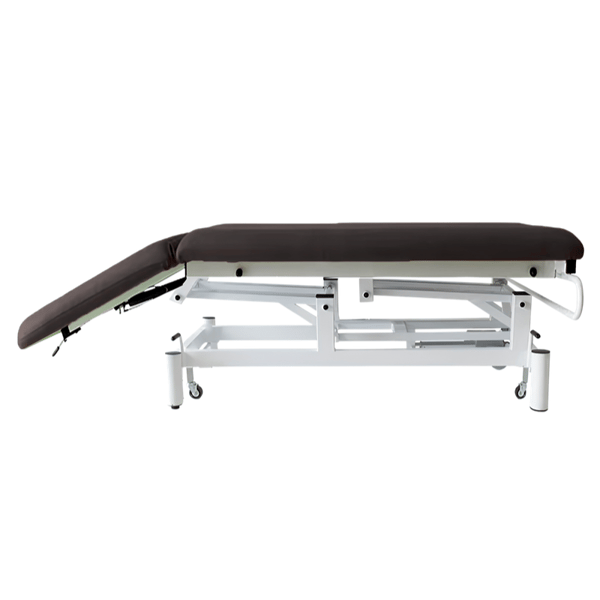Table de soins électrique Kinefis Quality à deux sections (revêtement gris foncé) : avec roulettes rétractables, dossier inclinable par vérin à gaz, structure blanche très stable – Dernier exemplaire en stock