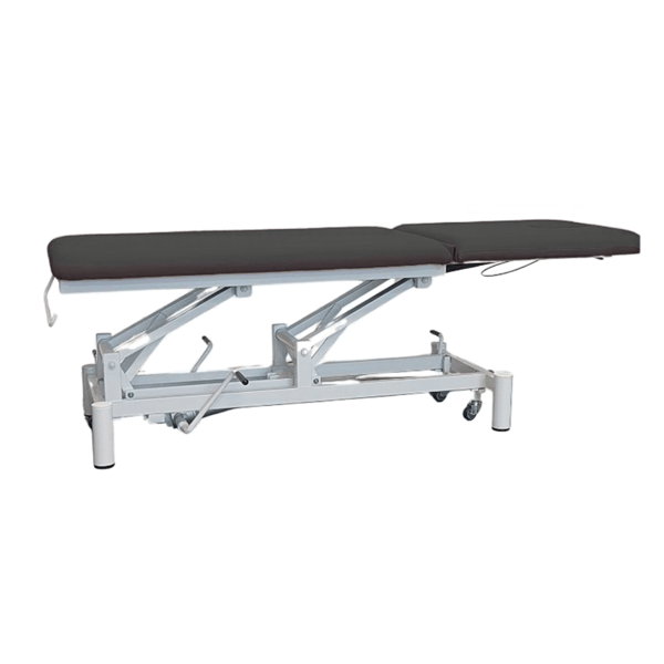 Table de soins hydraulique Kinefis Quality à deux sections (revêtement noir) : avec roulettes rétractables, dossier inclinable à vérin à gaz, cadre blanc haute stabilité – Dernier exemplaire en stock