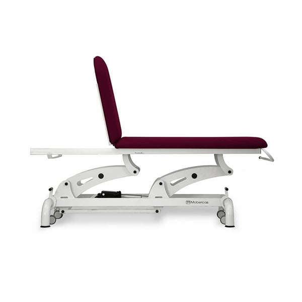 Civière d'examen électrique : deux corps, avec deux moteurs pour le réglage de la hauteur et du dossier, porte-rouleau, capuchon facial et roues escamotables