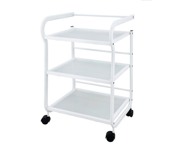 Chariot Help en métal blanc : Equipé de trois grandes tablettes en verre translucide