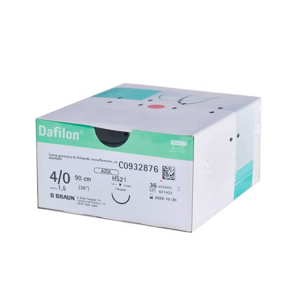 Fils de suture non résorbables en polyamide monofilament Dafilon (Boîte de 36 unités - Différentes tailles)