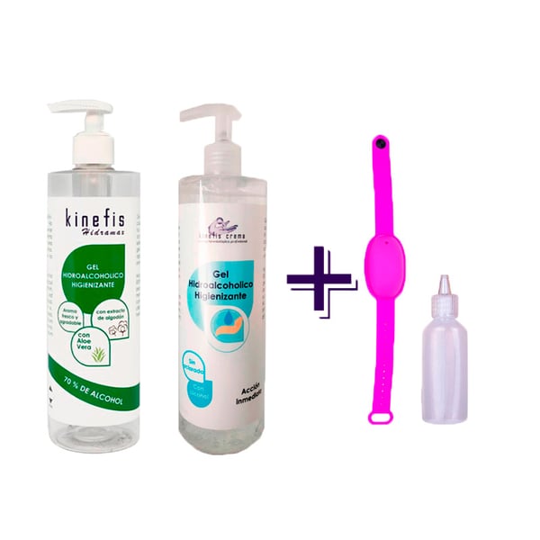 Pack Gel Hydroalcoolique Familial : Kinefis Raer (500ml) + Kinefis Parfumé (500ml) + bracelet rechargeable avec flacon distributeur cadeau