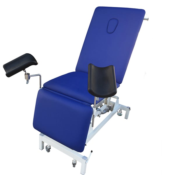 Jeu de deux jambières de gynécologie Goepel : En acier inoxydable, avec rotule, accouplement fixe sur un tendeur à douille et poignée