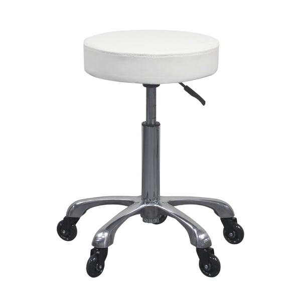 Tabouret Silent Fast sans dossier et réglable en hauteur par piston à gaz : assise plate et circulaire, base chromée avec cinq roulettes silencieuses (beige et blanc)