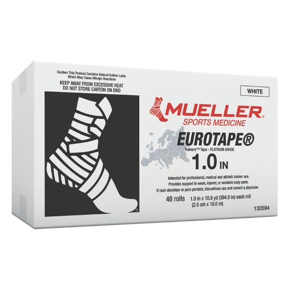 Boîte de ruban adhésif inélastique blanc platine Mueller EuroTape® pour bandages fonctionnels - Différentes tailles