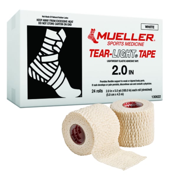 Boîte de pansements adhésifs élastiques déchirables blancs Mueller Tear-Light Tape® - Tailles variées