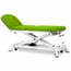 Brancard électrique pour l'ostéopathie : trois corps avec dossier inclinable négatif et montée droite sans déplacement latéral, roues escamotables et couvre-visage