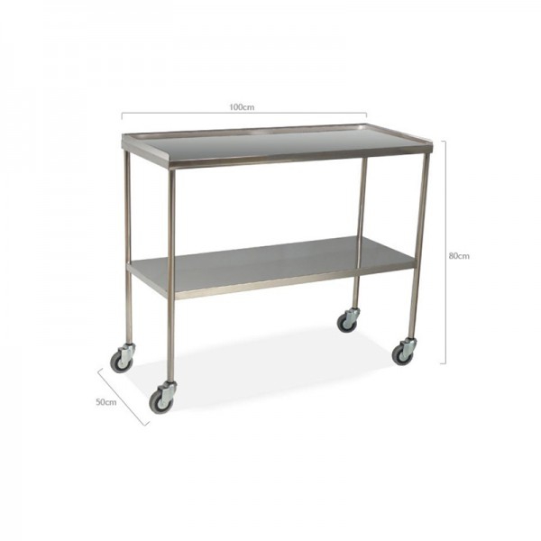 Table à instruments en acier inoxydable avec étagère supérieure à rebord et étagère inférieure lisse (différentes tailles)