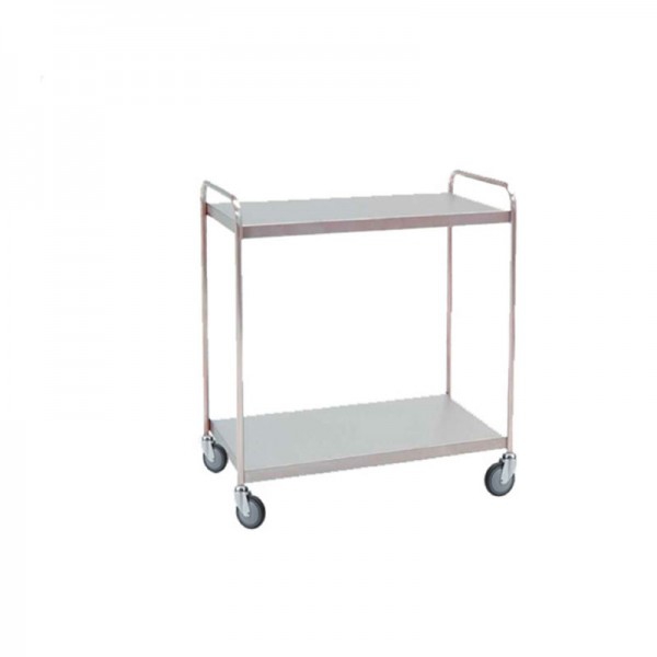 Chariot de distribution de matériel hospitalier : en acier inoxydable avec deux étagères et roues pivotantes (95 x 55 x 95 cm)