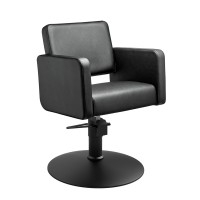 Fauteuil de coiffure Classe R : Confort, durabilité et haute qualité, lignes carrées avec une base ronde en noir mat Fauteuil de coiffure Classe R : Confort, durabilité et haute qualité, lignes carrées avec une base ronde en noir mat