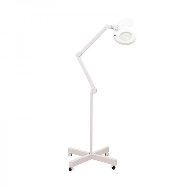 Lampe à lumière froide Magni+ LED avec loupe 5x : Socle à quatre roues, bras articulé et protège-lentille