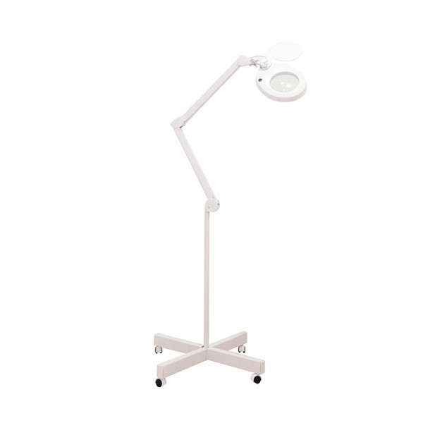 Lampe à lumière froide Magni+ LED avec loupe 5x : Socle à quatre roues, bras articulé et protège-lentille Lampe à lumière froide Magni+ LED avec loupe 5x : Socle à quatre roues, bras articulé et protège-lentille