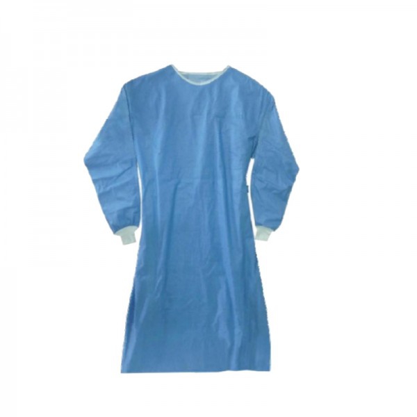 Blouse jetable bleue stérile 68 grammes: EPI classe I, poignets réglables en tissu blanc et col rond ajustable avec velcro