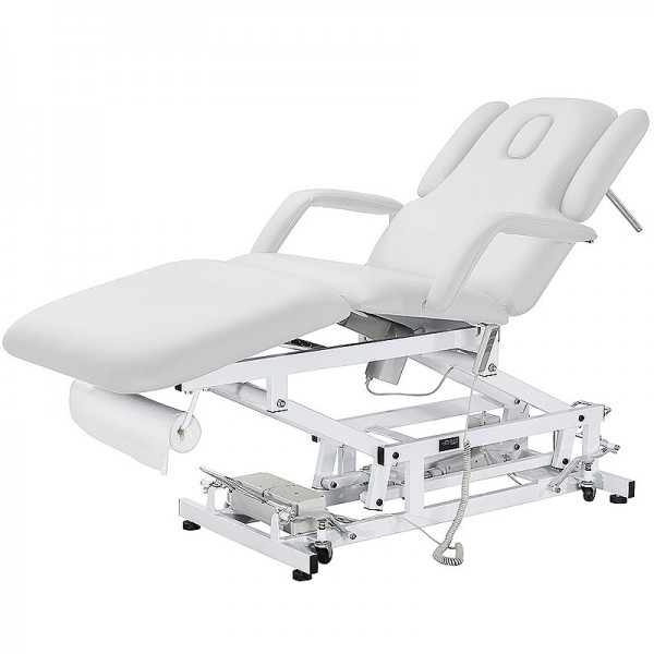 Brancard électrique à trois sections Acrum : Trois moteurs performants, système à double accoudoir, structure robuste et porte-rouleau Brancard électrique à trois sections Acrum : Trois moteurs performants, système à double accoudoir, structure robuste et porte-rouleau