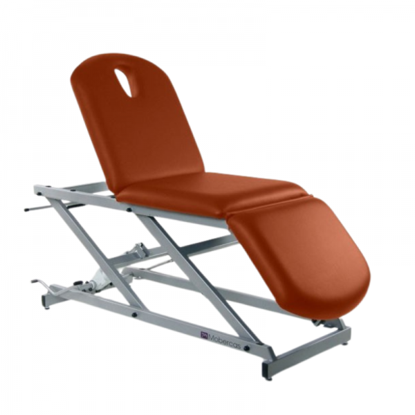 Civière d'examen hydraulique : trois sections, type chaise avec porte-rouleau et bouchon facial (deux modèles disponibles) Civière d'examen hydraulique : trois sections, type chaise avec porte-rouleau et bouchon facial (deux modèles disponibles)