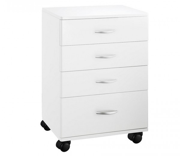 Chariot en bois blanc pratique: équipé de quatre tiroirs et de quatre roues pour une plus grande mobilité Chariot en bois blanc pratique: équipé de quatre tiroirs et de quatre roues pour une plus grande mobilité