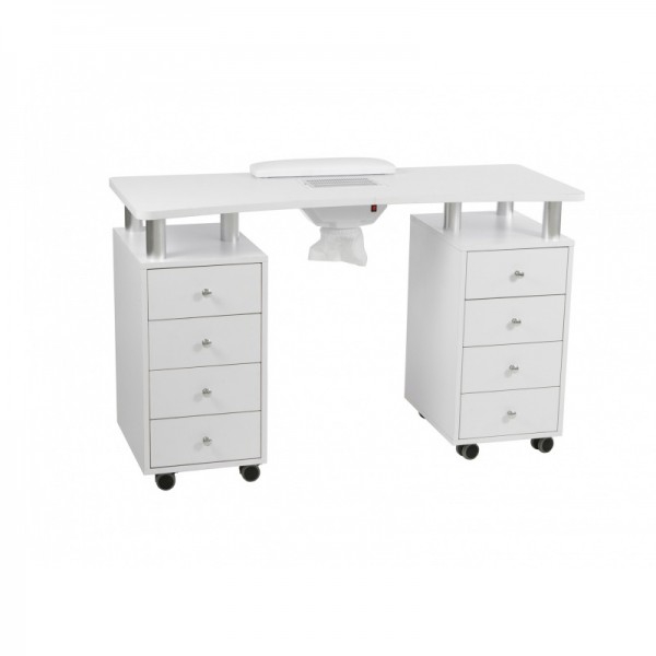 Table de manucure distale : Double colonne avec tiroirs, sac et coussin repose-mains Table de manucure distale : Double colonne avec tiroirs, sac et coussin repose-mains