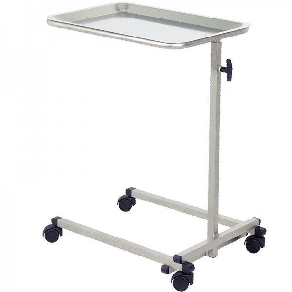 Table auxiliaire pour instruments de type Mayo, en acier inoxydable, réglable en hauteur, avec plateau supérieur amovible et quatre roues Table auxiliaire pour instruments de type Mayo, en acier inoxydable, réglable en hauteur, avec plateau supérieur amovible et quatre roues