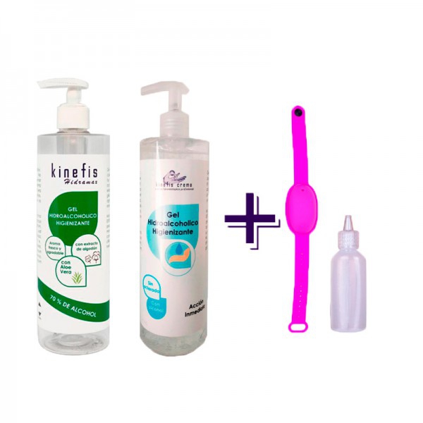 Pack Gel Hydroalcoolique Familial : Kinefis Raer (500ml) + Kinefis Parfumé (500ml) + bracelet rechargeable avec flacon distributeur cadeau Pack Gel Hydroalcoolique Familial : Kinefis Raer (500ml) + Kinefis Parfumé (500ml) + bracelet rechargeable avec flacon distributeur cadeau