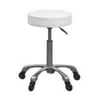Tabouret Silent Fast sans dossier et réglable en hauteur par piston à gaz : assise plate et circulaire, base chromée avec cinq roulettes silencieuses (beige et blanc) Tabouret Silent Fast sans dossier et réglable en hauteur par piston à gaz : assise plate et circulaire, base chromée avec cinq roulettes silencieuses (beige et blanc)