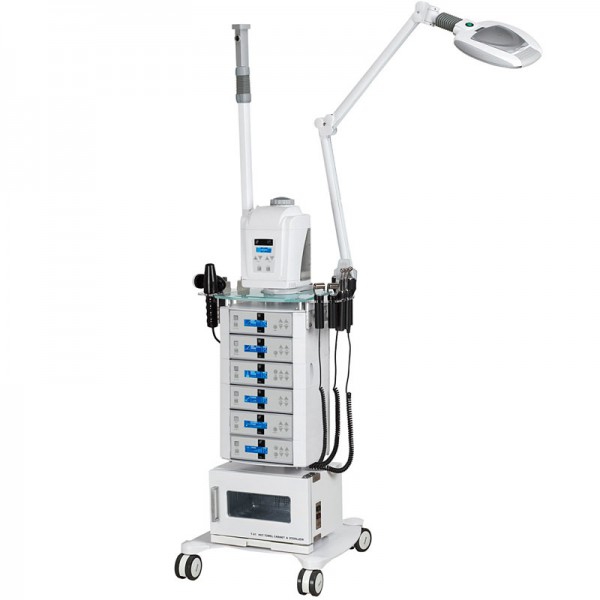 Tour de beauté multifonctionnelle : Équipée d'un chariot + Vapeur + Lampe loupe + Chauffe-serviette Tour de beauté multifonctionnelle : Équipée d'un chariot + Vapeur + Lampe loupe + Chauffe-serviette